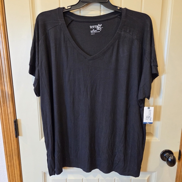 NWT Terra & Sky Black Soot Ribbed V-Neck Tunic Tee Shirt Women's 2X Plus Size - Picture 1 of 8